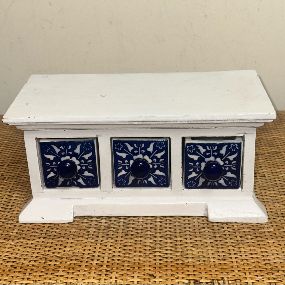Vintage Chest Hand Painted Blue White Ceramic Drawers Wood Jewelry Storage 9"